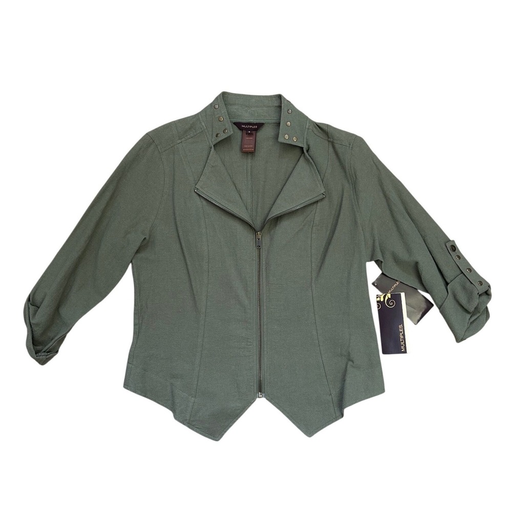 Olive Green Studded Moto Jacket Cotton Zip Up S Indie Sleaze Y2K‎ grunge
